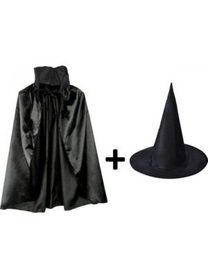 MiraLive Siyah Yakalı Pelerin ve Siyah Cadı Şapkası Seti Çocuk Boy