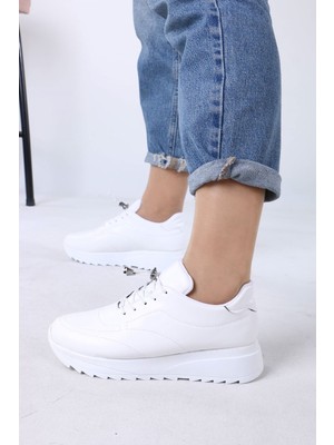 Sefayol Lanton Beyaz Mat Deri Bağcıklı Kadın Günlük Spor Ayakkabı