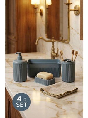 Vienev 4'lü Banyo Seti 550 ml Antrasit - Sıvı Sabunluk, Diş Fırçalık ve Çok Amaçlı Düzenleyici Organizer