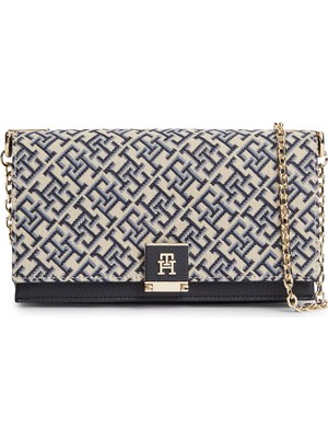 Tommy Hilfiger Kadın Th Monogram Logo Desenli Manyetik Kapamalı Uzun Zincir Askılı Lacivert Omuz Çantası AW0AW18637-0GY