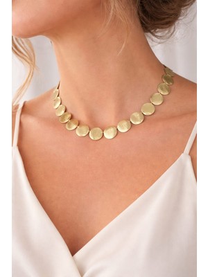 Mith Sb Takı 14K Altın Kaplama Vıp Seri Dövme Dokulu Plaka Sıralı Pul Kolye