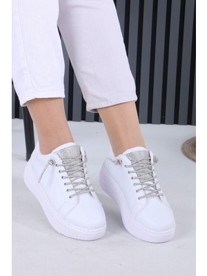 Sefayol Josep Beyaz Mat Deri Taşlı Kadın Spor Ayakkabı