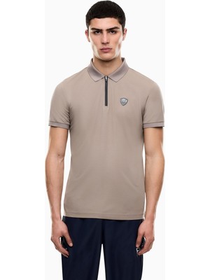 Erkek Slim Fit Kısa Kollu Ea7 Logolu Fermuarlı Bej Polo Yaka T-Shirt 8NPF13 PJRGZ-U6167