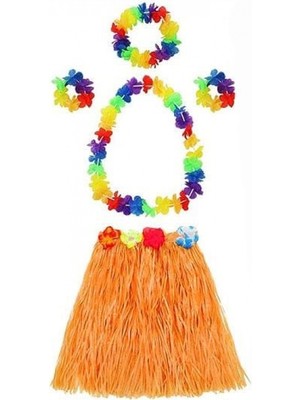 MiraLive Yetişkin ve Çocuk Uyumlu Luau Aloha Hawaii Turuncu Etek ve Renkli Kolye Taç 2 Adet Bileklik Seti