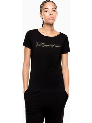 EA7 Kadın Normal Kalıp Taş Süslemeli Logo Desenli Esnek Pamuklu Kısa Kollu Siyah T-Shirt 7W000978 AF10373-UC001