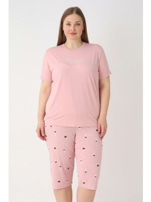 Remsa Büyük Beden Kadın Kısa Kol Kaprili Pijama Takımı 26084 Pudra