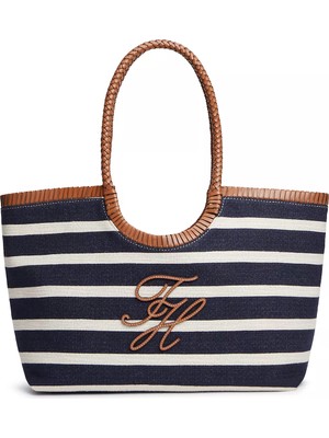 Tommy Hilfiger Kadın Th Logo Motifli Fermuarlı Iç Cepli Çizgili Kanvas Lacivert Omuz Çantası AW0AW18400-0GY
