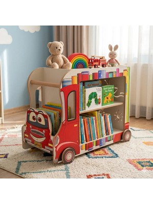 Ankebut Montessori Dekoratif Çocuk Odası Kitaplığı ve Tekerlekli Oyuncak Kutusu Kamyonu