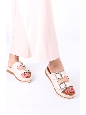 Sefayol Legget Bej Mat Deri Tokalı Kadın Terlik