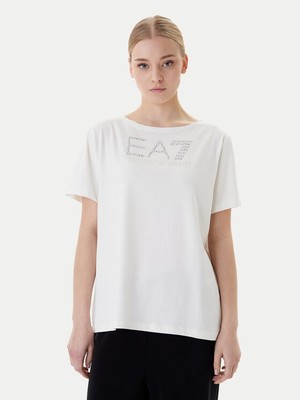 EA7 Kadın Göğüste Taş Detaylı Logo Desenli Pamuklu Yuvarlak Yakalı Kısa Kollu Beyaz T-Shirt 7W001098 AF14880-U1142