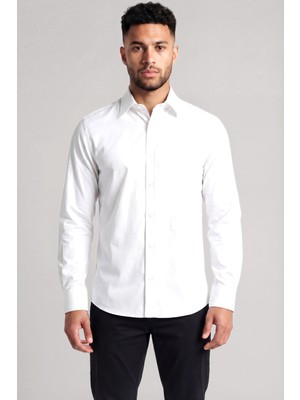 Paul & Shark Erkek Slim Fit Beli Logo Işlemeli Pamuklu Uzun Kollu Beyaz Gömlek 26413812-010