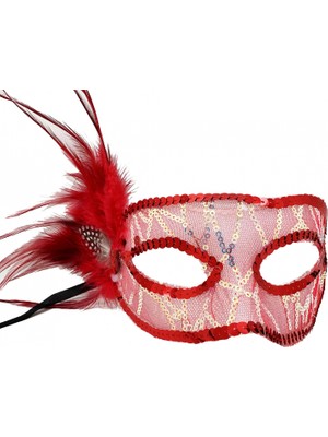 MiraLive Kırmızı Yandan Tüylü Payetli Parti Maskesi