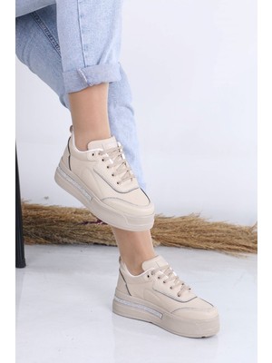 Sefayol Asante Nude Mat Deri Taşlı Bağcıklı Kadın Spor Ayakkabı