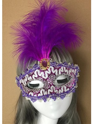 MiraLive Mor Dantel Işlemeli Mor Tüylü Balo Parti Maskesi