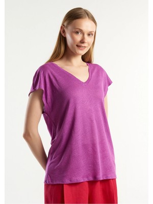 United Colors Of Benetton Mor Kadın / Kız BN_%100 Keten Rahat Kalıp Derin V Yaka Kolsuz T-Shirt Model Kodu: 3KGQD103MMOR