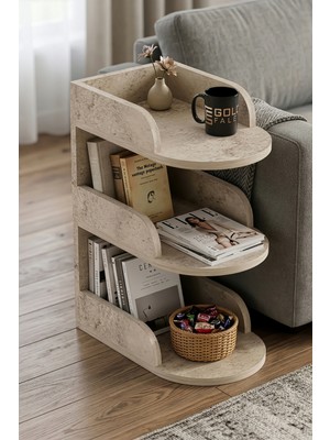 Gold Falez Yan Sehpa Modern 3 Katlı Kitaplıklı Çok Amaçlı Dekoratif Sehpa Minimal Tasarım 6103 Traverten