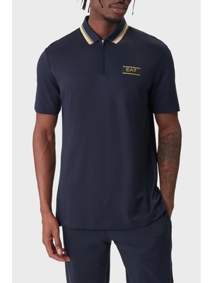 EA7 Erkek Rahat Jarse Kumaşlı Yarım Fermuarlı Kontrast Renk Şeritli Lacivert Polo Yaka T-Shirt 7M001333 AF13739-UB102