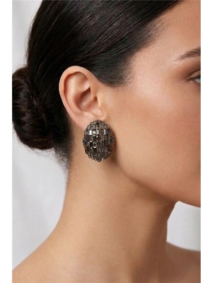 Petek Aksesuar Abiye Full Taşlı Oval Stud Küpe