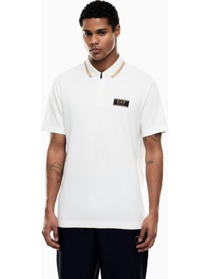 EA7 Erkek Rahat Jarse Kumaşlı Yarım Fermuarlı Kontrast Renk Şeritli Beyaz Polo Yaka T-Shirt 7M001333 AF13739-U0004