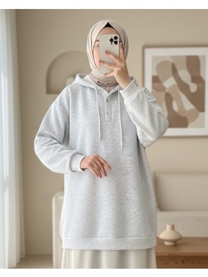 Modamorfo Yakası Çıtçıtlı Kapşonlu Şardonlu Üç Iplik Sweat -Açık Gri
