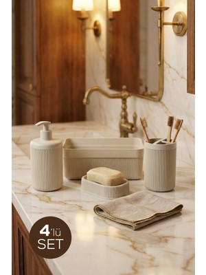 Vienev 4'lü Banyo Seti 550 ml Krem - Sıvı Sabunluk, Diş Fırçalık ve Çok Amaçlı Düzenleyici Organizer
