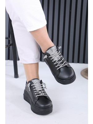 Sefayol Josep Siyah Mat Deri Taşlı Kadın Spor Ayakkabı