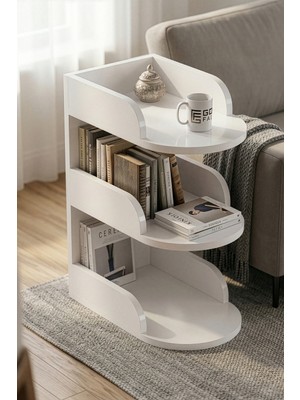 Gold Falez Yan Sehpa Modern 3 Katlı Kitaplıklı Çok Amaçlı Dekoratif Sehpa Minimal Tasarım 6102 Beyaz