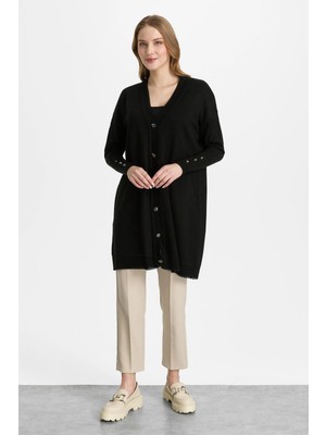 Mutlu Ertan Kadın Düğmeli Baklava Desenli Hırka Siyah 20309