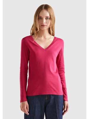 United Colors Of Benetton Fuşya Kadın / Kız Bn_basic V Yaka Uzun Kollu T-Shirt Model Kodu: 3GA2E4245FUŞYA