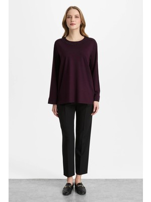 Mutlu Ertan Kadın Omzu Baklava Taşlı Uzun Kol Bluz Mürdüm 30464