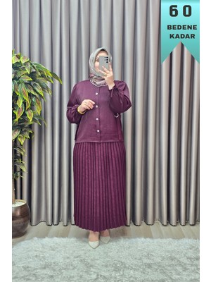 Elmas Tesettür Kadın Giyim Büyük Beden Düğmeli Cupra Kumaş Piliseli Spor Etekli Takım