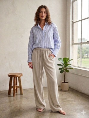 CGA Kadın Tencel Pantolon Taş Rengi Kadın Tensel Pantolon Beli Bağlamalı Bol Kesim Tencel Pantolon