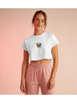 Muhtar Store Minimal Kangal Baskılı Beyaz Crop Tişört Kadın Rahat Kalıp
