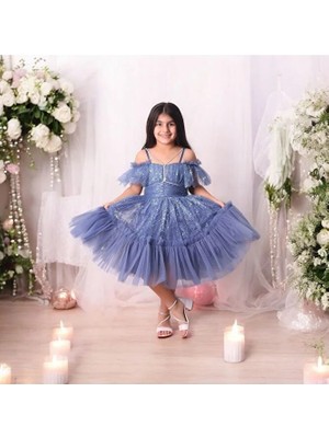 Sim Ipli Kısa Kız Çocuk Abiye Elbise 5-10 Yaş