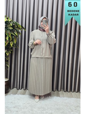 Elmas Tesettür Kadın Giyim Büyük Beden Düğmeli Cupra Kumaş Piliseli Spor Etekli Takım