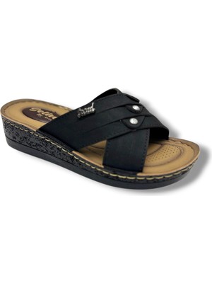 Selin 324-26 Deri 3 Taşlı Dolgu Topuklu Anatomik  Kadın Terlik