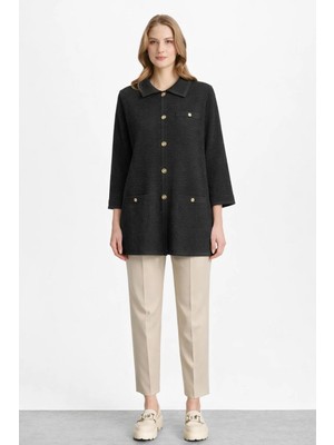 Mutlu Ertan Kadın Polo Yaka Simli Hırka Siyah 20305