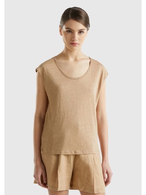 United Colors Of Benetton Bej Kadın / Kız BN_%100 Keten Rahat Kalıp Geniş Bisiklet Yaka Kolsuz T-Shirt Model Kodu: 3KGQE16B1193