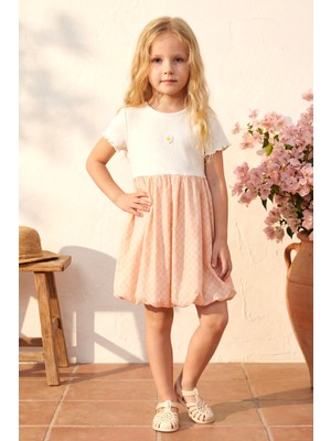 Minipodyum Kız Çocuk Balon Elbise Yazlık Papatya Detaylı