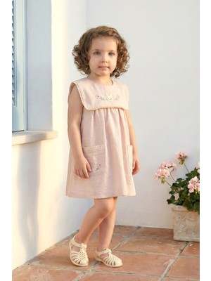 Minipodyum Kız Bebek Elbise Keten Yazlık Bebe Yaka
