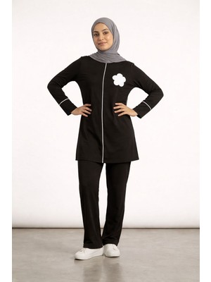 SFG Life Moda Kadın Tesettür Giyim Önünde Çiçek Detaylı Tunik & Pantolon Ikili Takım