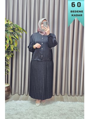 Elmas Tesettür Kadın Giyim Büyük Beden Düğmeli Cupra Kumaş Piliseli Spor Etekli Takım