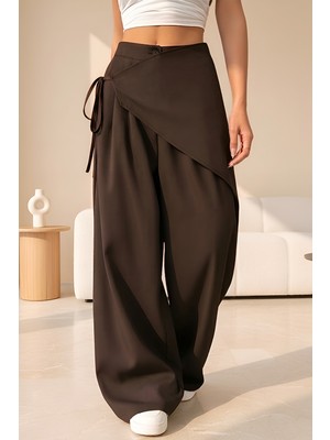 İpek Atlas Kadın Yüksek Bel Asimetrik Tasarım Palazzo Pantolon