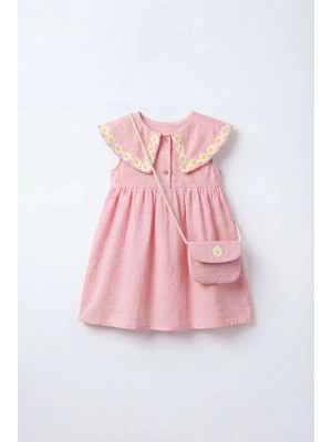 Magu Kız Çocuk Pamuklu Pembe Papatya Işlemeli Elbise - Çantalı