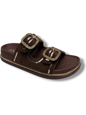 Pienn 20077-010-26 Süet Taşlı Pullu Çift Tokalı Anatomik Kadın Terlik