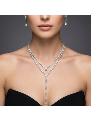 Valmont Taşlı Su Yolu Uzun Kolye ve Küpe Takı Seti - Düğün, Kına, Nişan, Gelin Aksesuarı