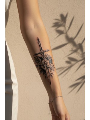 Dövme Kutusu Gül Sarılı Kılıç ve Kalp Figürlü Dövme - Yarı Kalıcı / 1 Ay Kalıcı Tattoo