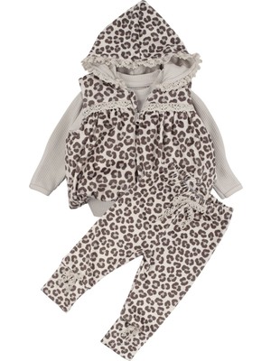 by BebekOdam Kız Bebek Bej Kahve Leopar Desenli Nakışlı Şişme Yelekli Lüks 3'lü Takım - 1016527