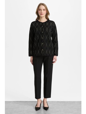 Mutlu Ertan Kadın Simli Baklavalı Düğmeli Hırka Siyah 20324