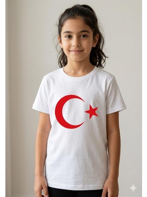 HaanBebe Çocuk Ay Yıldız Baskılı Kısa Kollu Beyaz Tişört - %100 Pamuklu Milli Bayram Özel